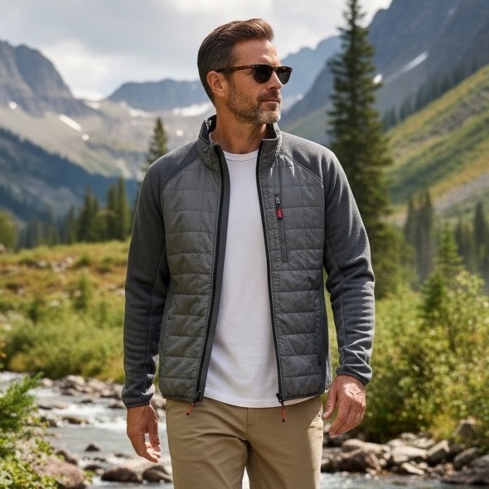 Orvis Mens Hybrid Quilted Softshell Jacket Gray Full Zip Size L 1232487